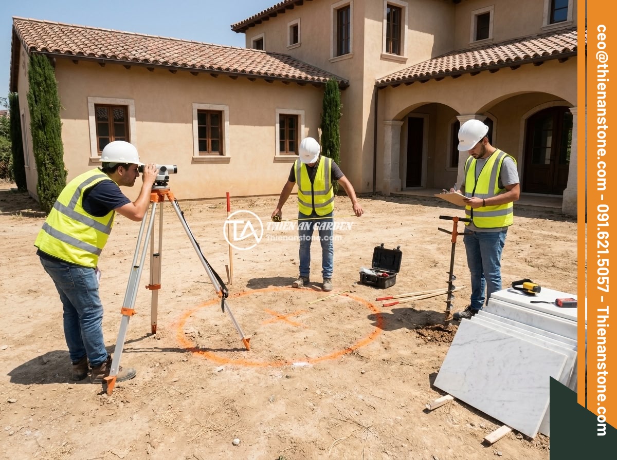 Case Study Thực Tế Thi Công Đài Phun Nước Đá Tự Nhiên Cho Biệt Thự Sân Vườn - Site survey team measuring and marking the ground area for a stone fountain inst