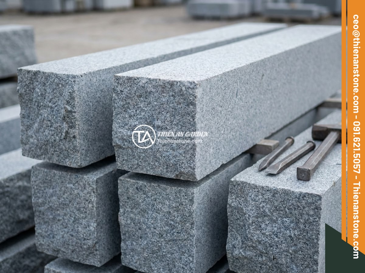 Case Study Thực Tế Thi Công Đài Phun Nước Đá Tự Nhiên Cho Biệt Thự Sân Vườn - Close-up of high-quality natural gray-blue granite stone blocks selected for fou
