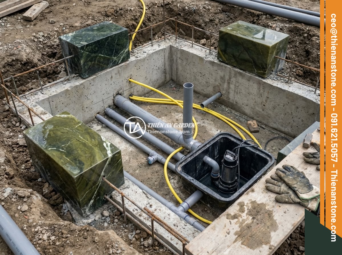 Case Study Thực Tế Thi Công Đài Phun Nước Đá Tự Nhiên Cho Biệt Thự Sân Vườn - Underground plumbing and electrical system installation for a stone fountain, sh