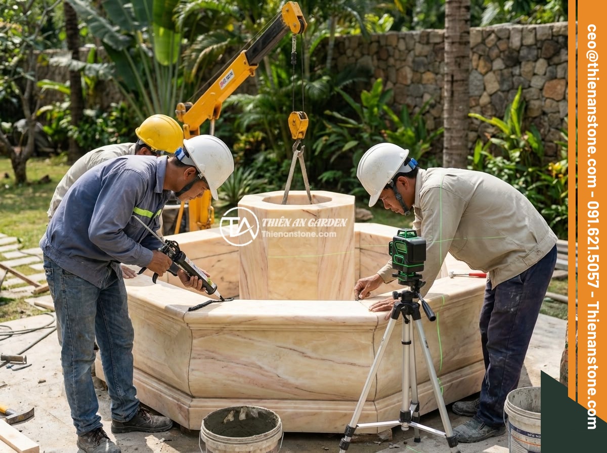 Case Study Thực Tế Thi Công Đài Phun Nước Đá Tự Nhiên Cho Biệt Thự Sân Vườn - Workers carefully assembling octagonal granite fountain basin sections using a m