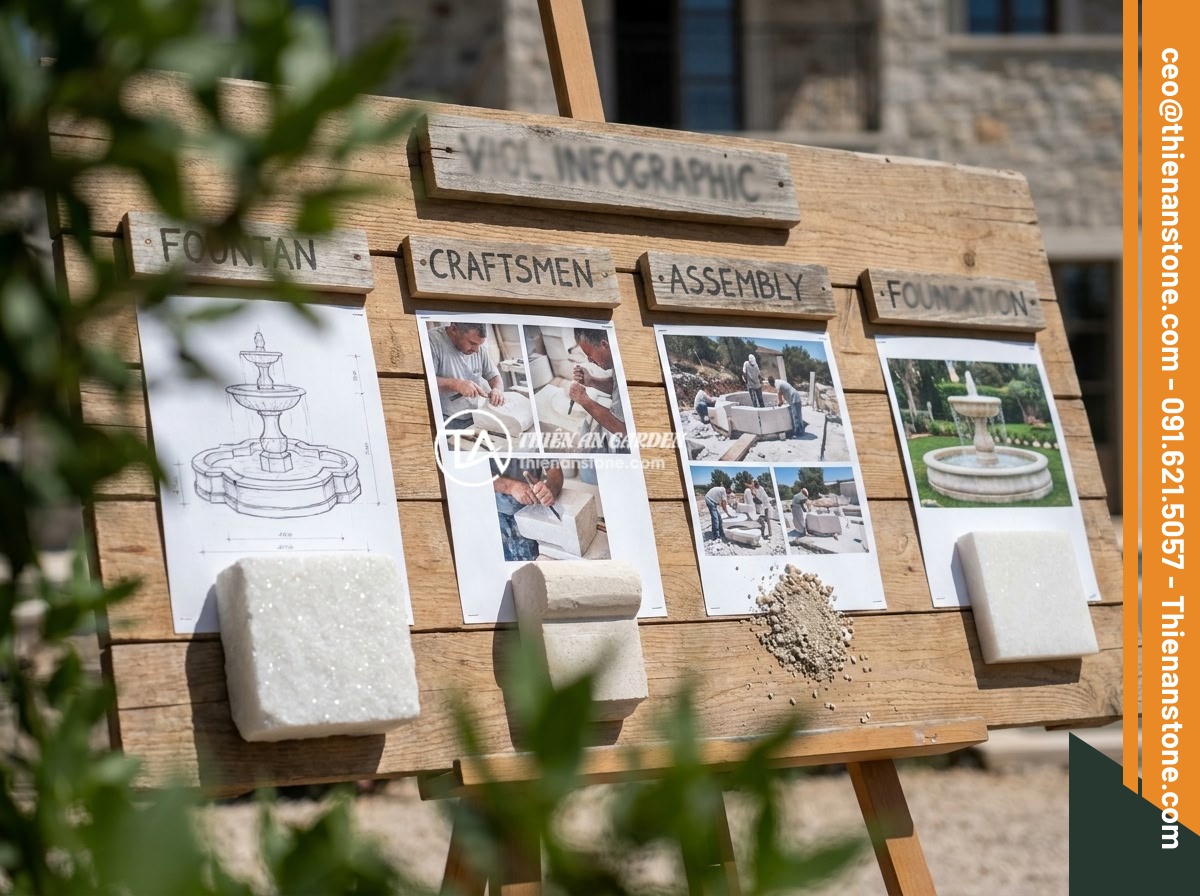 Case Study Thực Tế Thi Công Đài Phun Nước Đá Tự Nhiên Cho Biệt Thự Sân Vườn - Construction timeline infographic showing various phases of natural stone founta