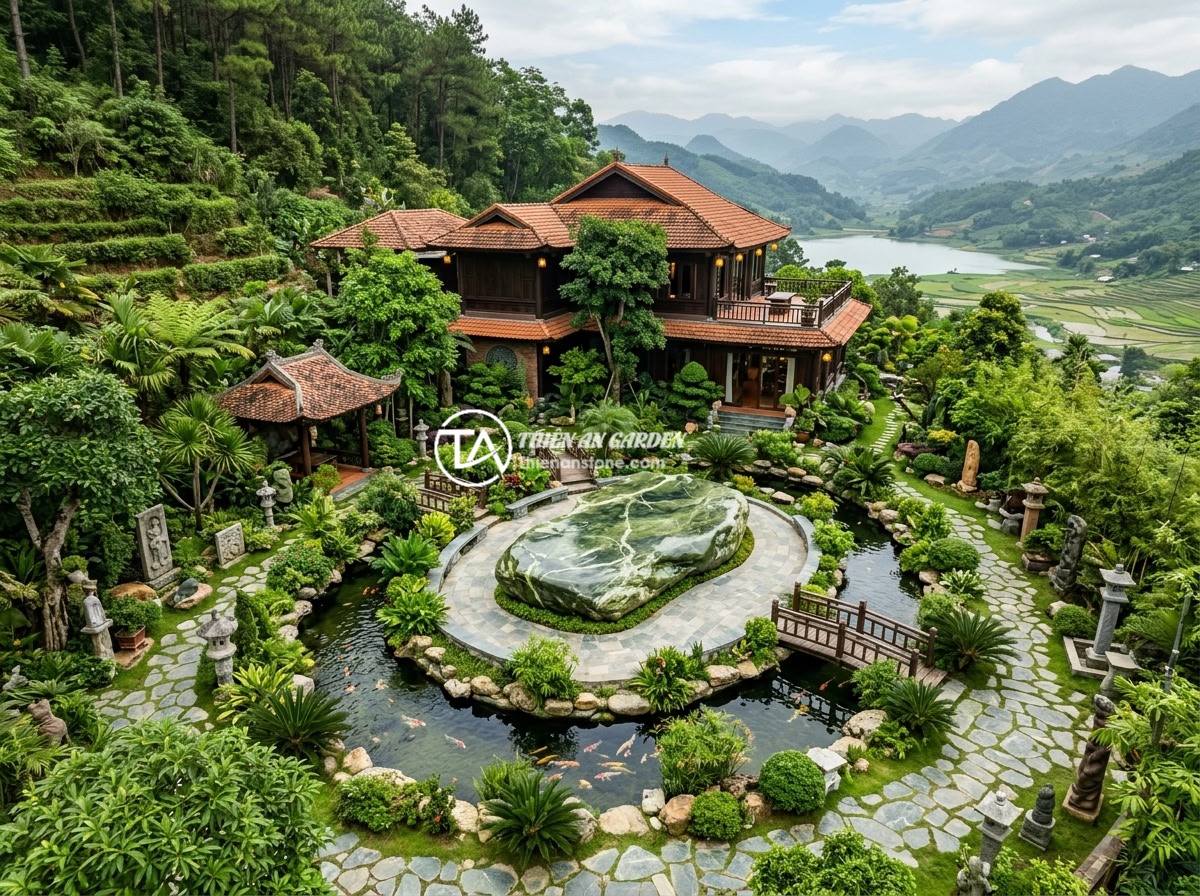Case Study Thực Tế Thi Công Sập Đá Nguyên Khối Cho Biệt Thự Miền Bắc Việt Nam - Aerial view of a luxury Vietnamese villa in Northern Vietnam surrounded by lush