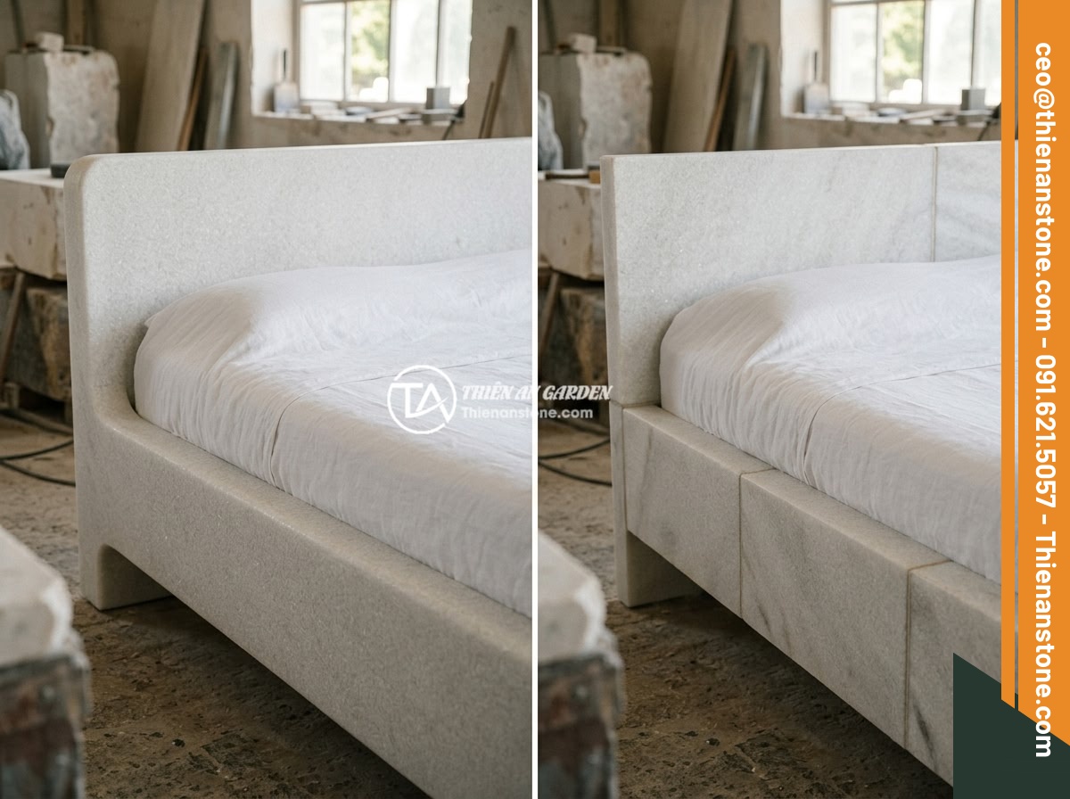 Case Study Thực Tế Thi Công Sập Đá Nguyên Khối Cho Biệt Thự Miền Bắc Việt Nam - Side-by-side comparison of a monolithic stone bed and an assembled stone bed, sh