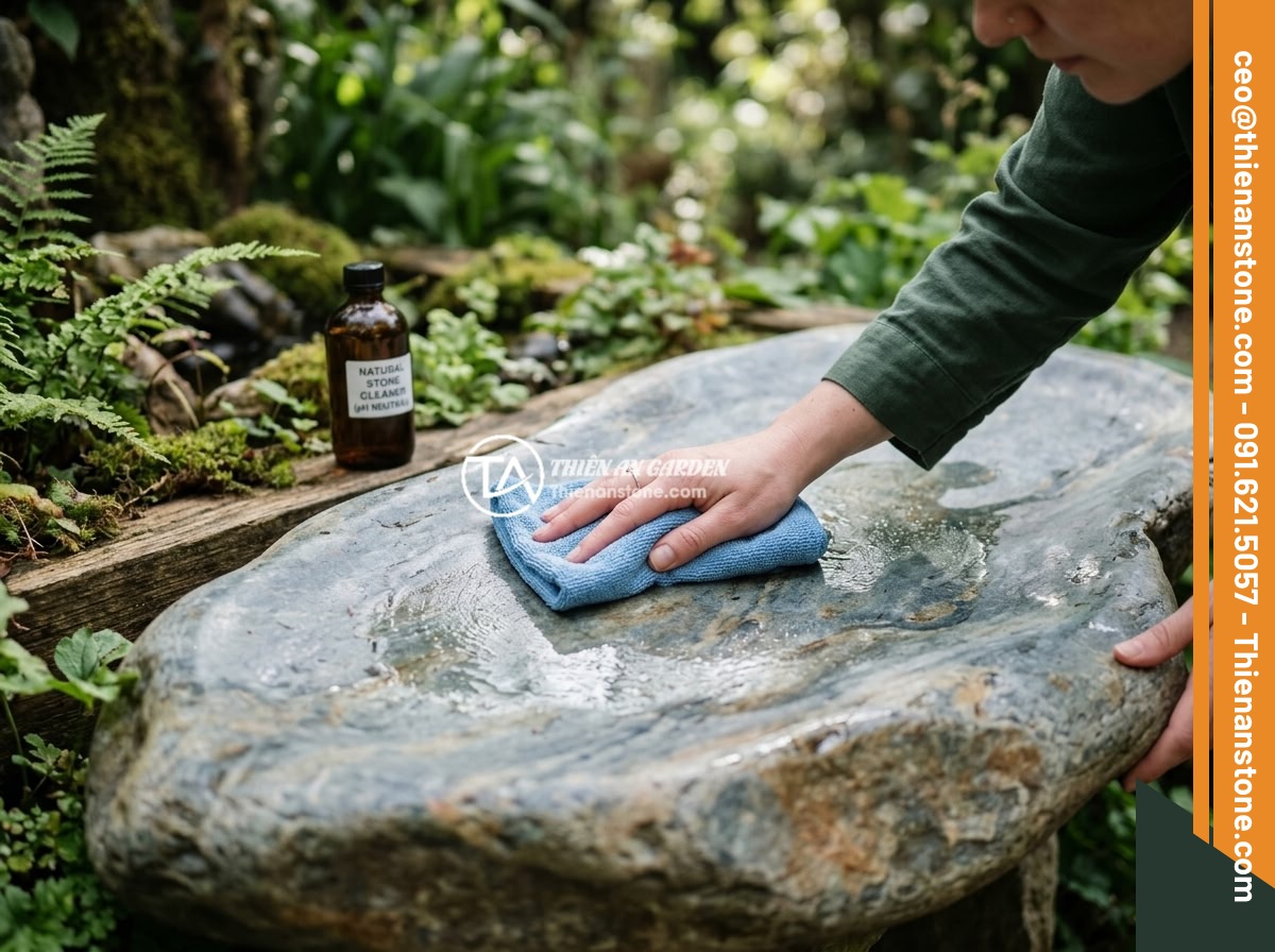 Case Study Thực Tế Thi Công Sập Đá Nguyên Khối Cho Biệt Thự Miền Bắc Việt Nam - Close-up of someone carefully cleaning and maintaining a polished natural blue s