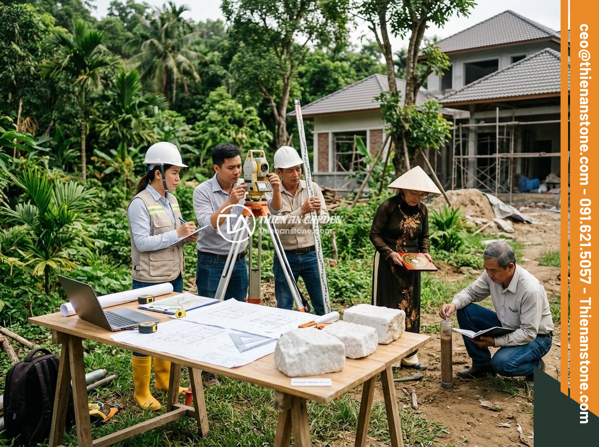 Case Study Thực Tế Thi Công Sập Đá Nguyên Khối Cho Biệt Thự Miền Bắc Việt Nam - Engineers and feng shui experts surveying a villa garden site in Vietnam, measur