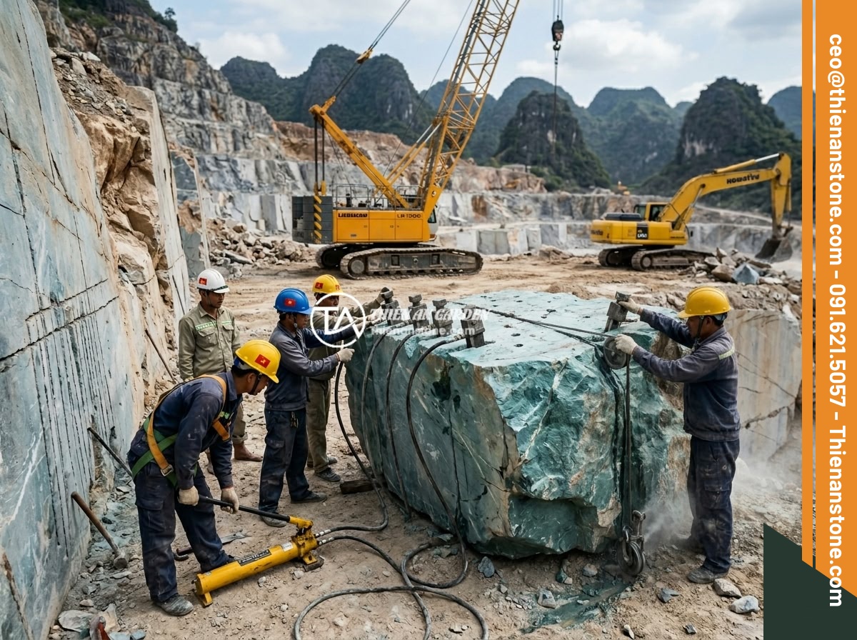 Case Study Thực Tế Thi Công Sập Đá Nguyên Khối Cho Biệt Thự Miền Bắc Việt Nam - Workers at a natural stone quarry in Thanh Hoa, Vietnam, using diamond wire cutt