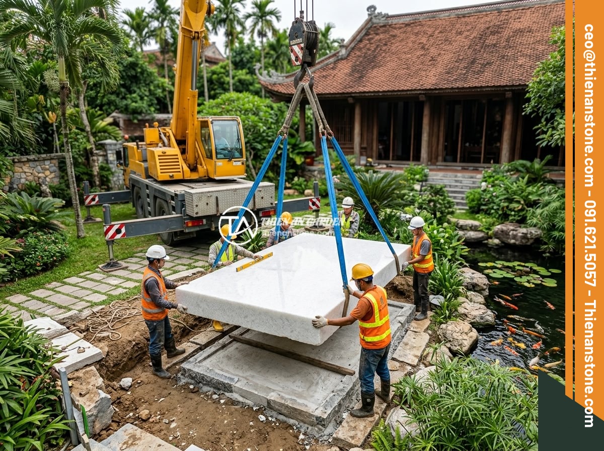 Case Study Thực Tế Thi Công Sập Đá Nguyên Khối Cho Biệt Thự Miền Bắc Việt Nam - Crane carefully lowering a massive polished monolithic stone bed into position i