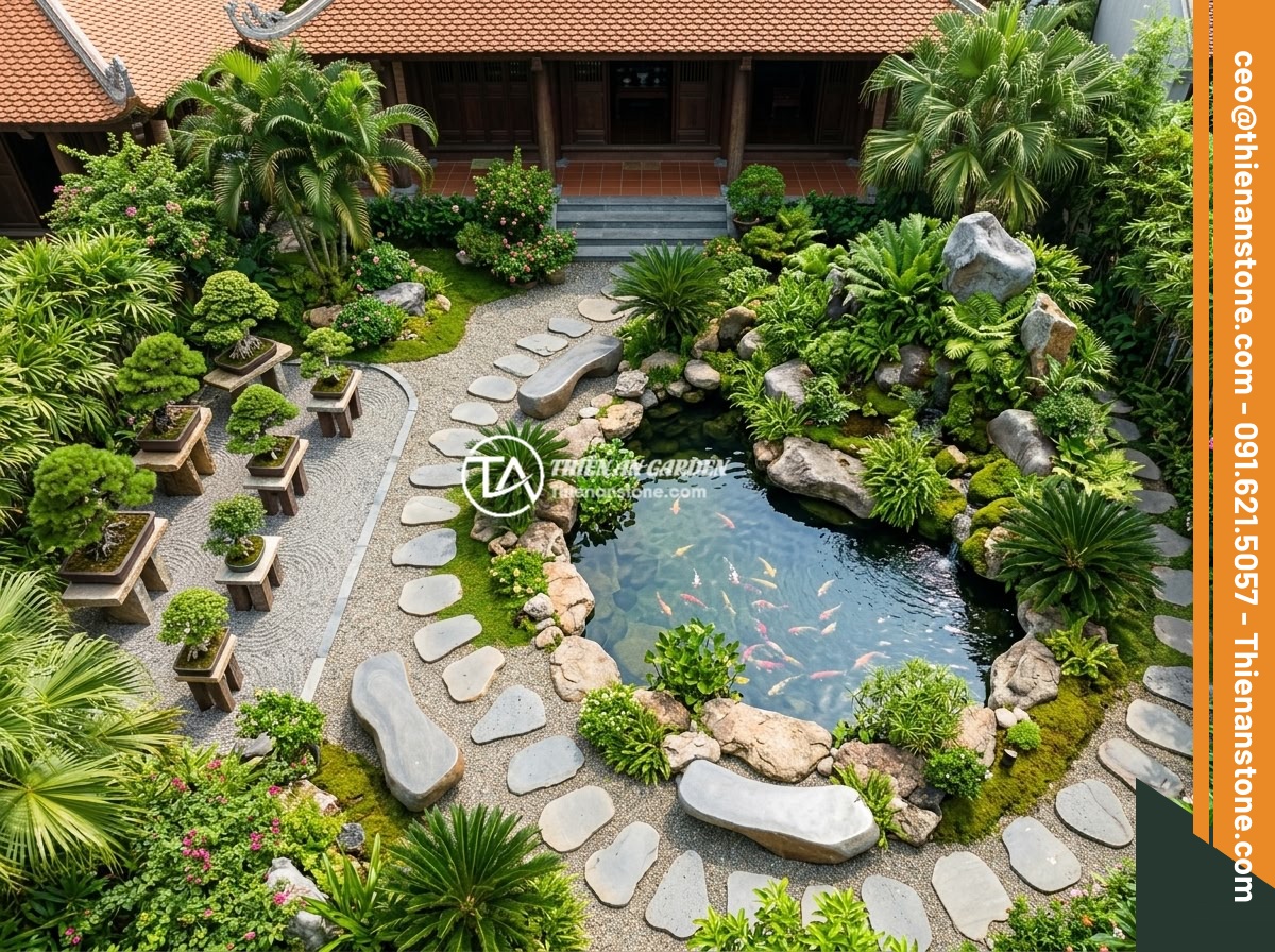 Case Study Thực Tế Thi Công Sập Đá Nguyên Khối Cho Biệt Thự Miền Bắc Việt Nam - Detailed overhead view of a completed luxury Vietnamese villa garden project sho