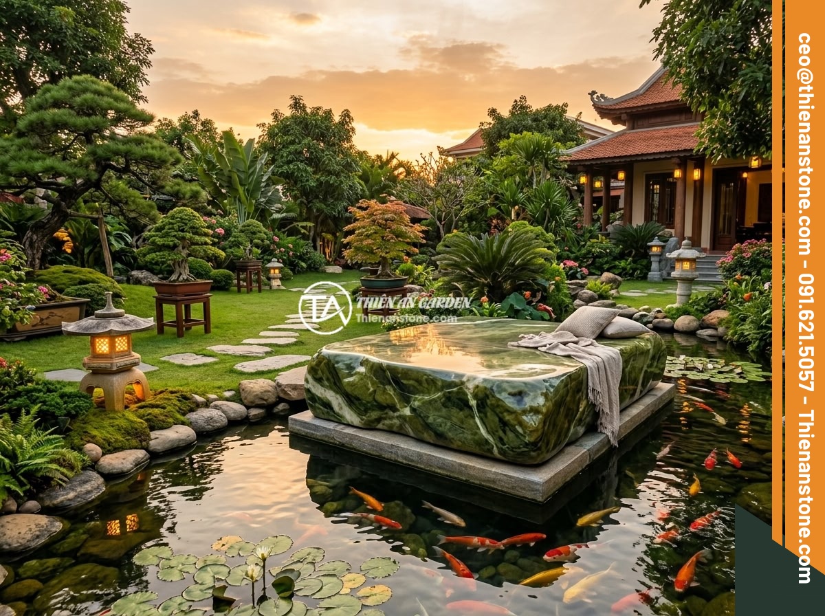 Case Study Thực Tế Thi Công Sập Đá Nguyên Khối Cho Biệt Thự Miền Bắc Việt Nam - Completed luxurious Vietnamese villa garden at golden hour sunset, showcasing a 