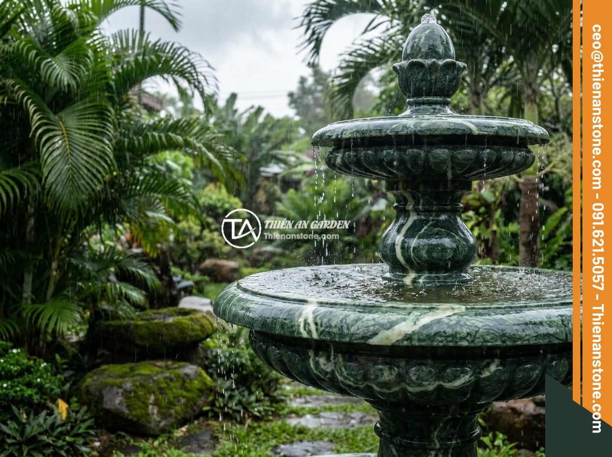 Checklist 10 Tiêu Chí Chọn Đài Phun Nước Bằng Đá Chất Lượng Cao Cho Gia Đình - A durable granite stone fountain standing in a Vietnamese tropical garden during