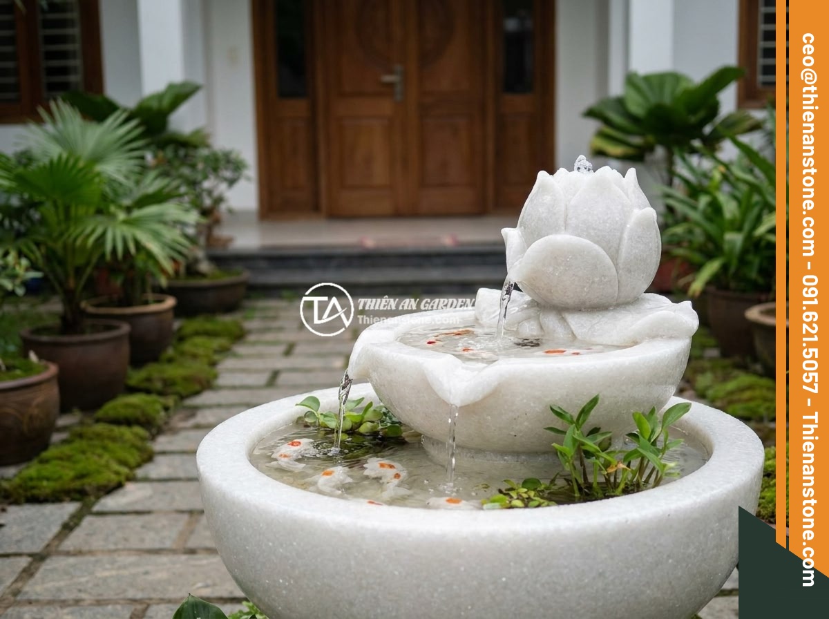Checklist 10 Tiêu Chí Chọn Đài Phun Nước Bằng Đá Chất Lượng Cao Cho Gia Đình - A feng shui-oriented stone fountain with koi fish and lotus flower carvings plac