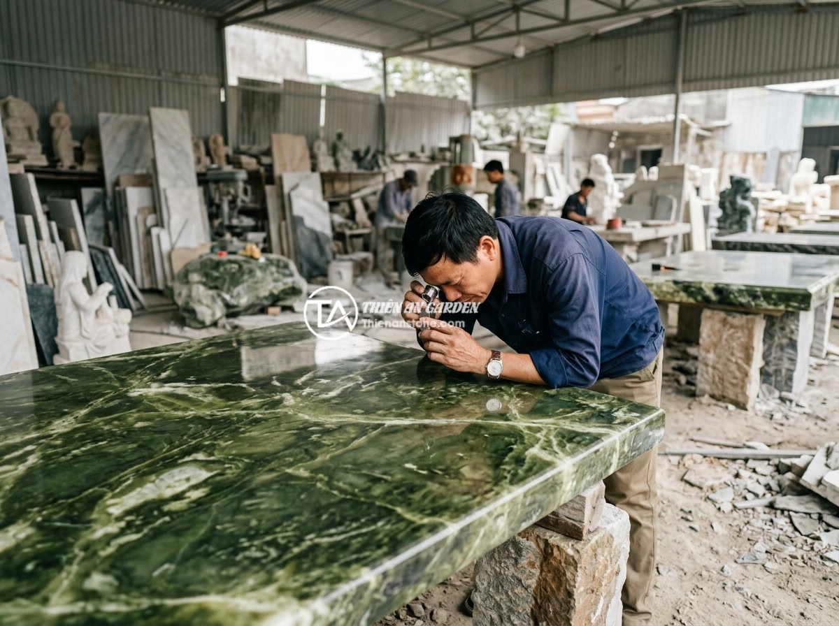 Checklist 12 Tiêu Chí Kiểm Tra Chất Lượng Sập Đá Trước Khi Mua Nhận Hàng - A Vietnamese customer carefully inspecting a large natural stone table (sap da) 