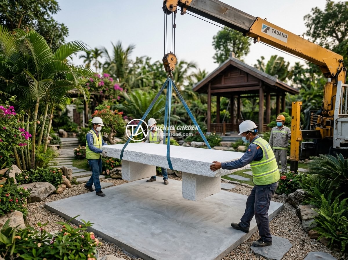 Checklist 12 Tiêu Chí Kiểm Tra Chất Lượng Sập Đá Trước Khi Mua Nhận Hàng - Professional installation team using a crane to carefully lower a massive carved