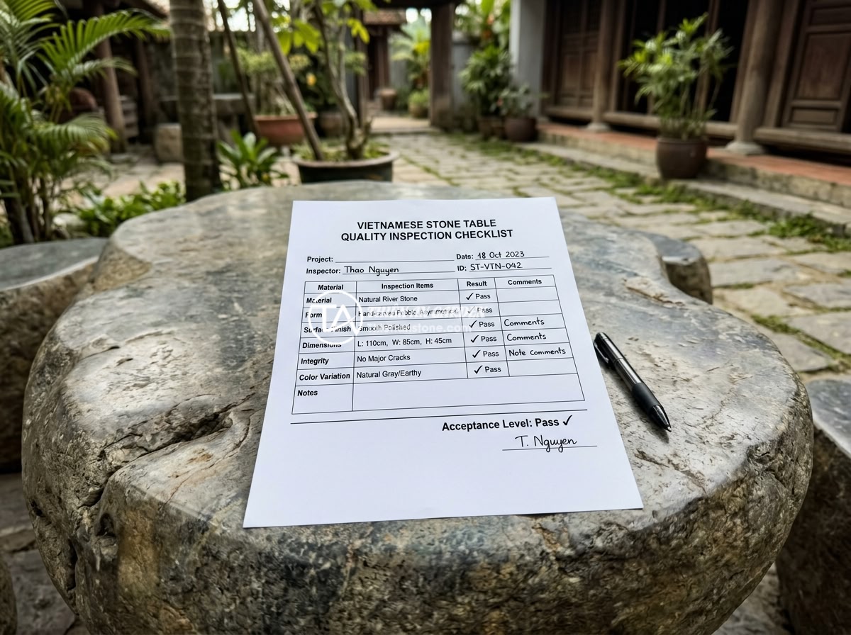 Checklist 12 Tiêu Chí Kiểm Tra Chất Lượng Sập Đá Trước Khi Mua Nhận Hàng - A printed checklist document for stone table quality inspection with checkmarks,