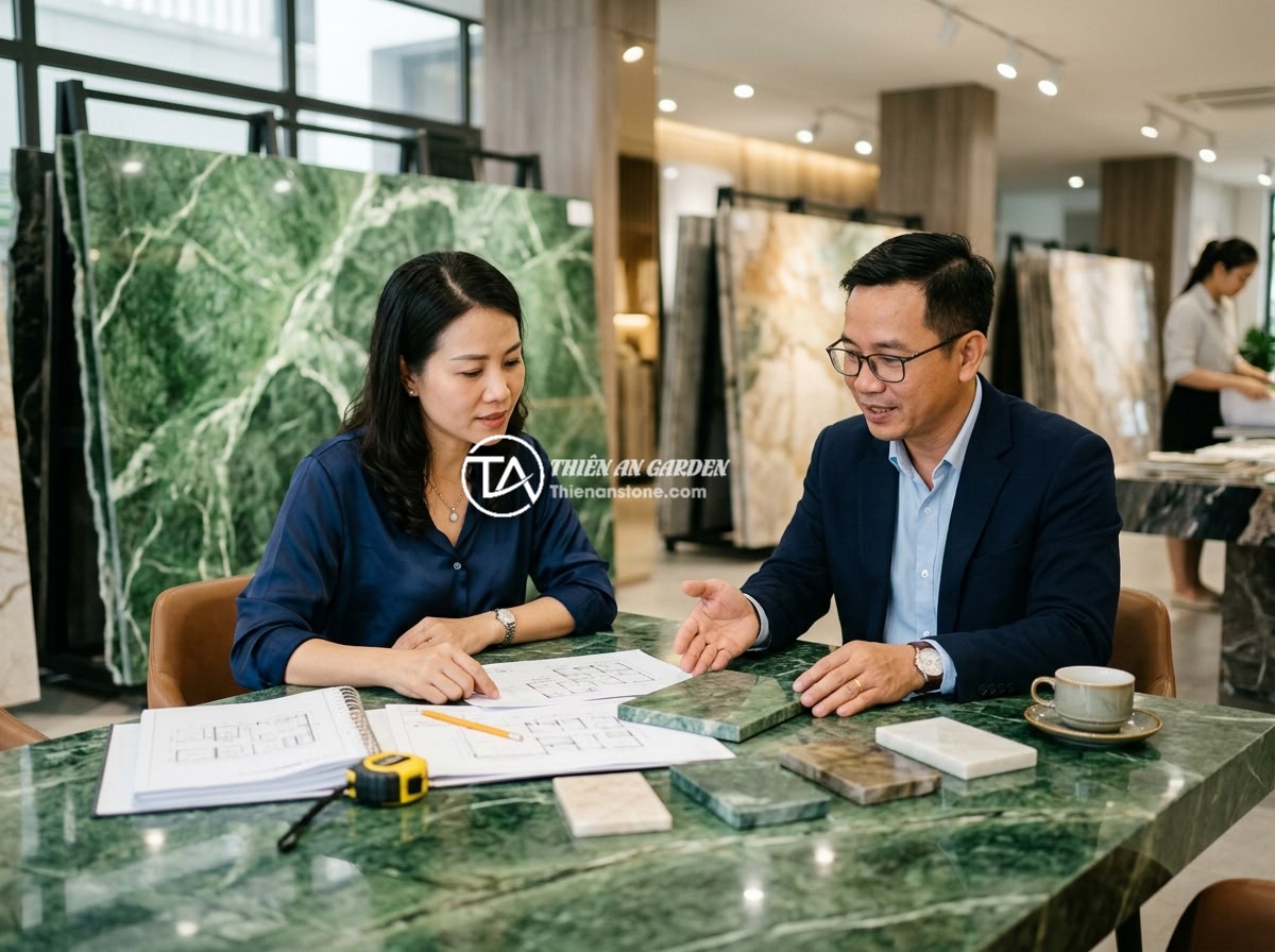 Checklist 12 Tiêu Chí Kiểm Tra Chất Lượng Sập Đá Trước Khi Mua Nhận Hàng - Professional consultation between a stone expert and a customer at a luxury ston
