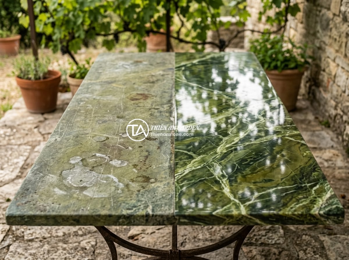 Checklist 12 Tiêu Chí Kiểm Tra Chất Lượng Sập Đá Trước Khi Mua Nhận Hàng - Before and after comparison of stone table maintenance, showing a weathered ston