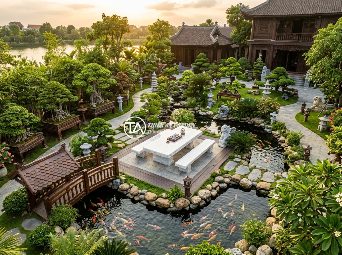 Checklist 12 Tiêu Chí Kiểm Tra Chất Lượng Sập Đá Trước Khi Mua Nhận Hàng - A luxurious completed Vietnamese garden landscape featuring a magnificent natura