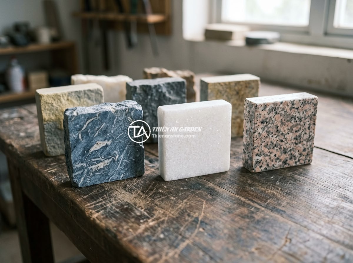 Checklist 12 Tiêu Chí Kiểm Tra Chất Lượng Sập Đá Trước Khi Mua Nhận Hàng - Close-up of different types of Vietnamese natural stone samples including blue s