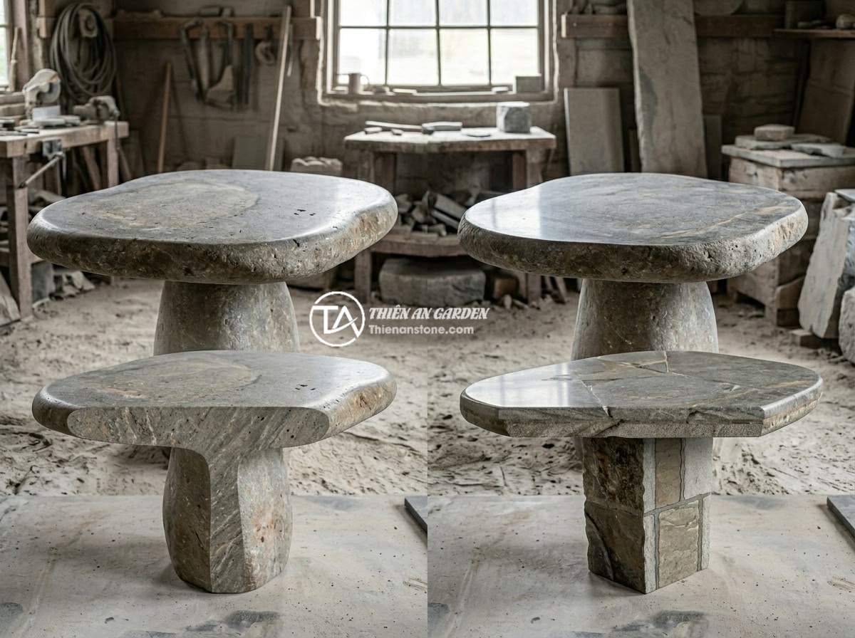 Checklist 12 Tiêu Chí Kiểm Tra Chất Lượng Sập Đá Trước Khi Mua Nhận Hàng - Detailed comparison between a genuine monolithic stone table and a joined stone 