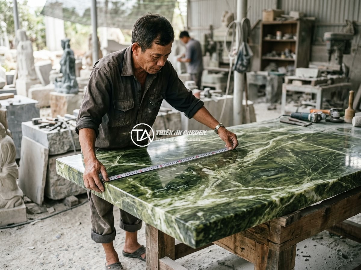 Checklist 12 Tiêu Chí Kiểm Tra Chất Lượng Sập Đá Trước Khi Mua Nhận Hàng - A craftsman using a measuring tape to check the precise dimensions and thickness