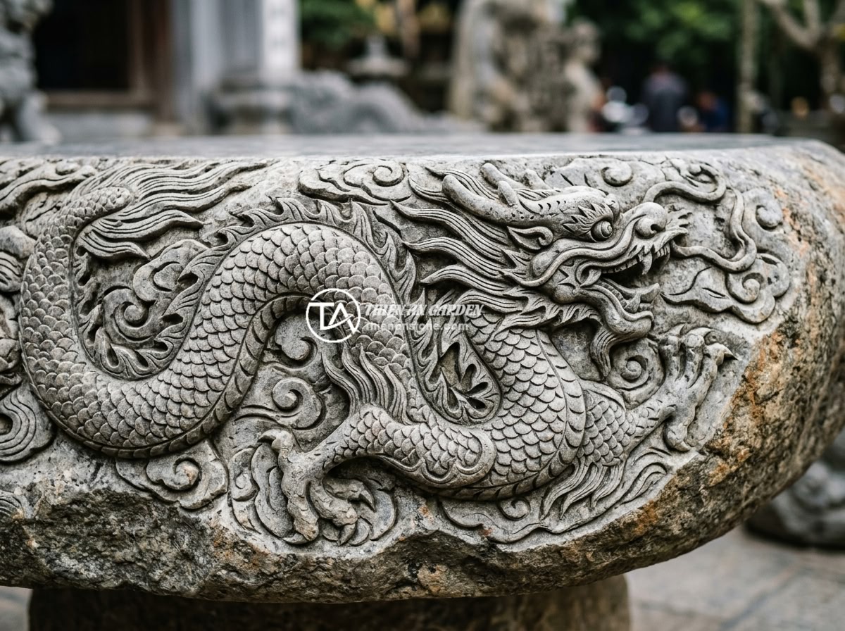 Checklist 12 Tiêu Chí Kiểm Tra Chất Lượng Sập Đá Trước Khi Mua Nhận Hàng - Extreme close-up of intricate dragon carving detail on a Vietnamese stone table 