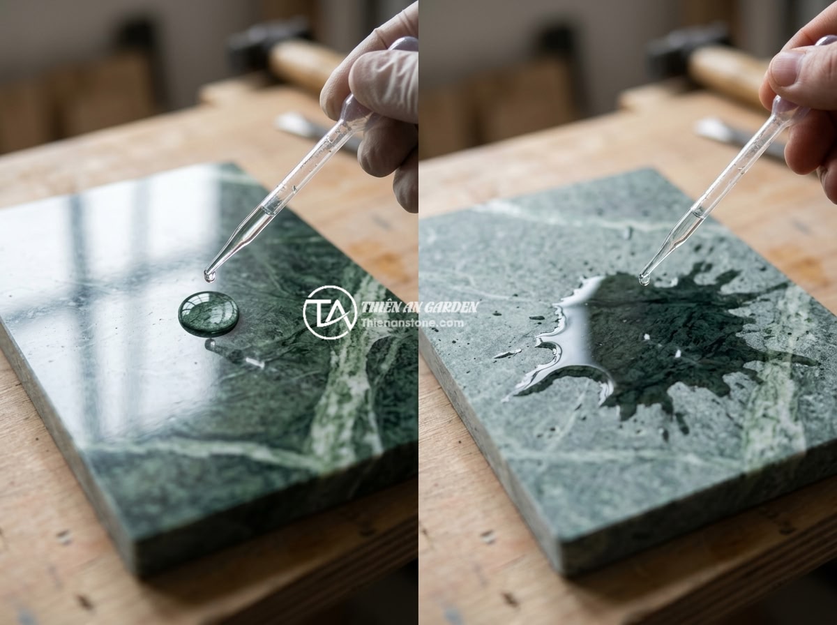 Checklist 12 Tiêu Chí Kiểm Tra Chất Lượng Sập Đá Trước Khi Mua Nhận Hàng - Water droplet test being performed on a polished natural stone surface, showing 