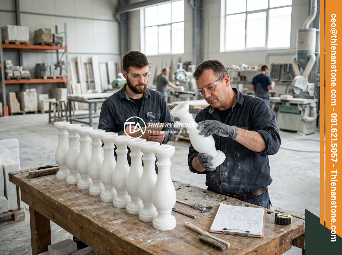 Checklist Chọn Lục Bình Đá Cho Lan Can Biệt Thự: 10 Tiêu Chí Đánh Giá Chất Lượng - Professional stone workshop with workers inspecting finished baluster vases for 