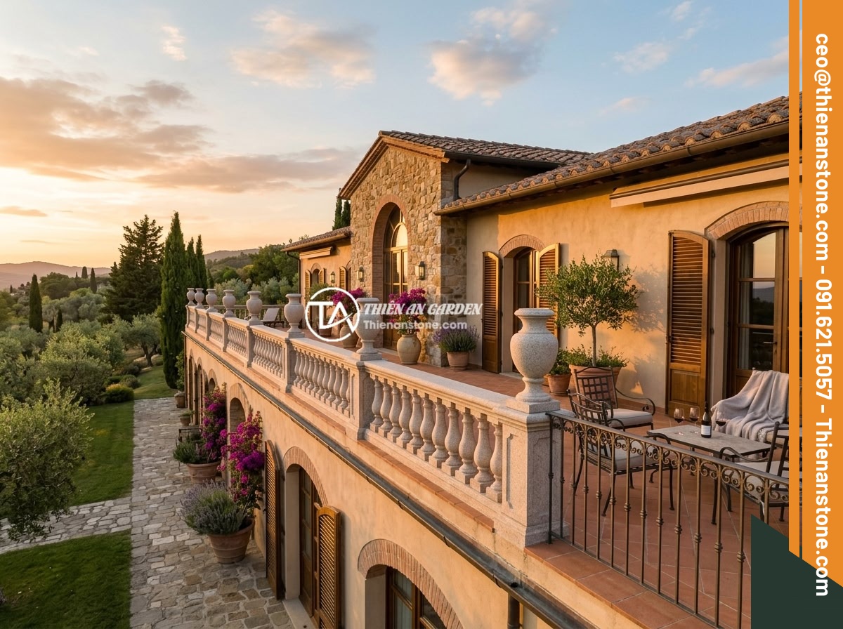 Checklist Chọn Lục Bình Đá Cho Lan Can Biệt Thự: 10 Tiêu Chí Đánh Giá Chất Lượng - Luxury villa exterior showcasing beautifully installed stone baluster vases alon