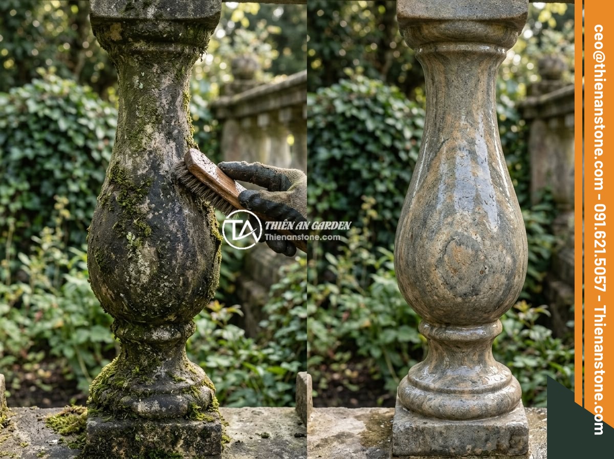 Checklist Chọn Lục Bình Đá Cho Lan Can Biệt Thự: 10 Tiêu Chí Đánh Giá Chất Lượng - Before and after comparison of stone baluster maintenance, showing cleaning proc