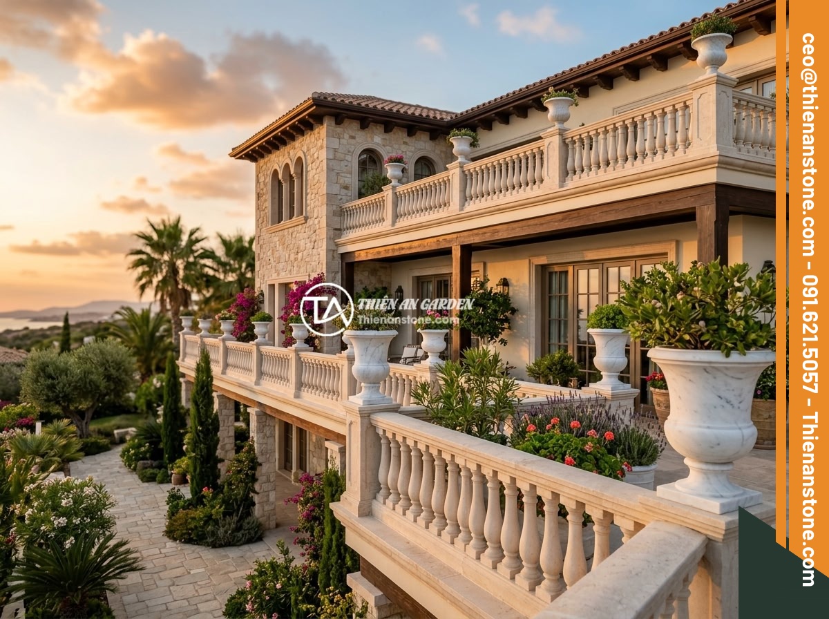 Checklist Chọn Lục Bình Đá Cho Lan Can Biệt Thự: 10 Tiêu Chí Đánh Giá Chất Lượng - Completed luxury villa with elegant stone baluster vases on multiple levels of b