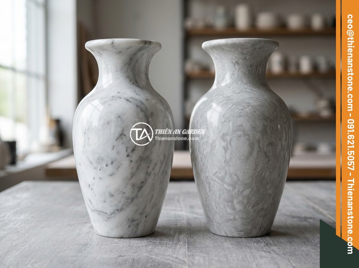 Checklist Chọn Lục Bình Đá Cho Lan Can Biệt Thự: 10 Tiêu Chí Đánh Giá Chất Lượng - Close-up comparison of natural stone texture versus artificial stone texture on 