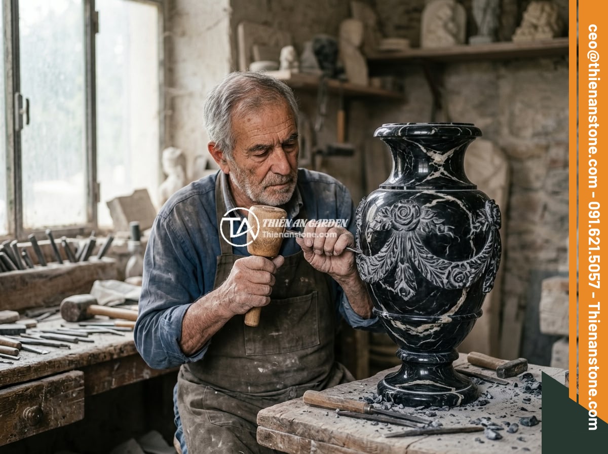 Checklist Chọn Lục Bình Đá Cho Lan Can Biệt Thự: 10 Tiêu Chí Đánh Giá Chất Lượng - Master artisan carefully hand-carving intricate floral patterns on a natural sto