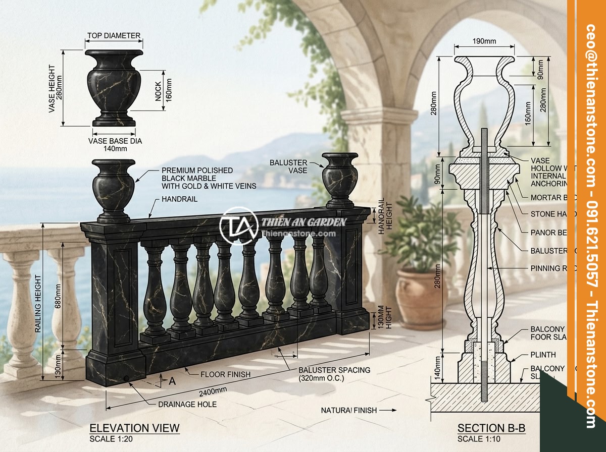 Checklist Chọn Lục Bình Đá Cho Lan Can Biệt Thự: 10 Tiêu Chí Đánh Giá Chất Lượng - Technical diagram showing proper proportions of stone baluster vases installed o