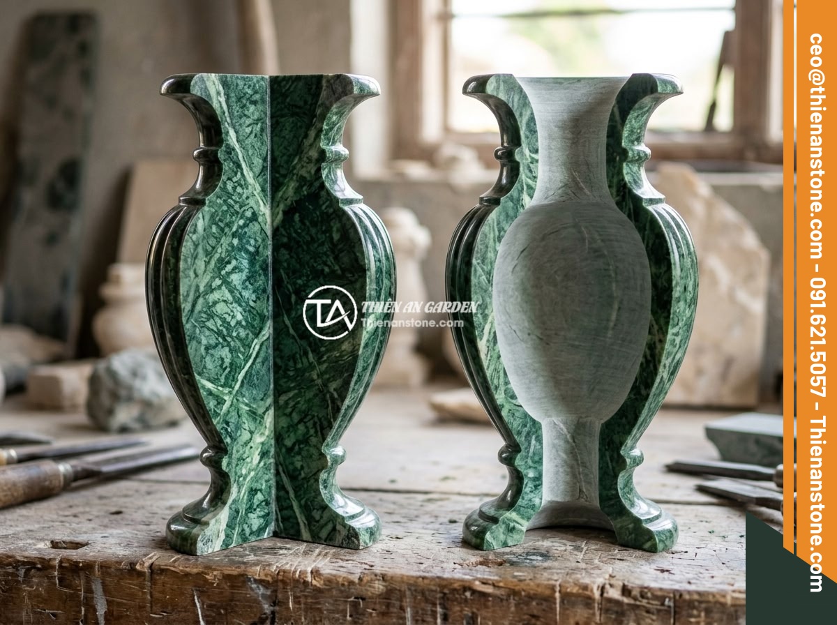 Checklist Chọn Lục Bình Đá Cho Lan Can Biệt Thự: 10 Tiêu Chí Đánh Giá Chất Lượng - Cross-section view of solid versus hollow stone baluster vases showing internal 
