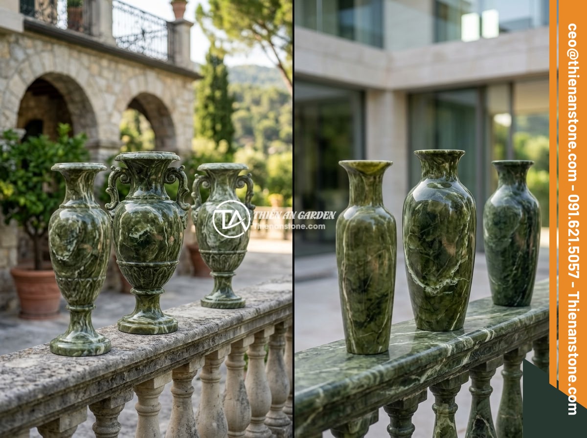 Checklist Chọn Lục Bình Đá Cho Lan Can Biệt Thự: 10 Tiêu Chí Đánh Giá Chất Lượng - Side-by-side comparison of classical European style stone baluster vases and mod