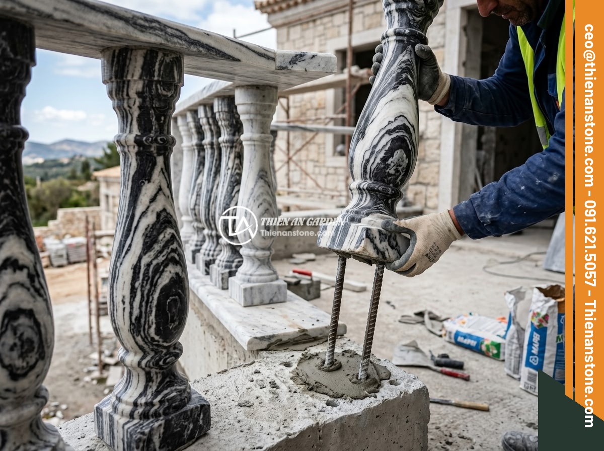 Checklist Chọn Lục Bình Đá Cho Lan Can Biệt Thự: 10 Tiêu Chí Đánh Giá Chất Lượng - Detailed installation of stone baluster vases on a villa balcony railing showing