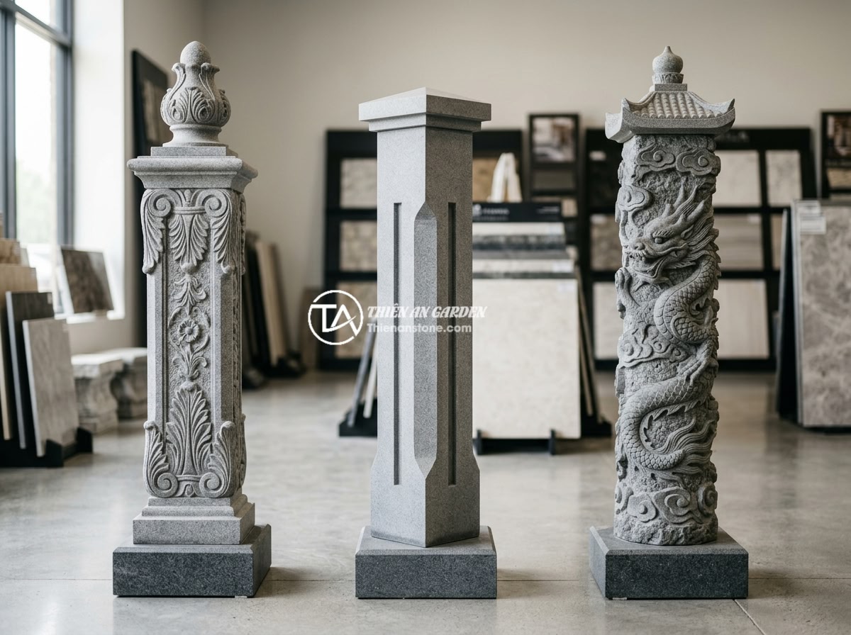 Checklist Chọn Mua Trụ Đá Hàng Rào Chất Lượng Cao Giá Tốt - Three elegant natural stone fence post designs displayed in a showroom - one cla