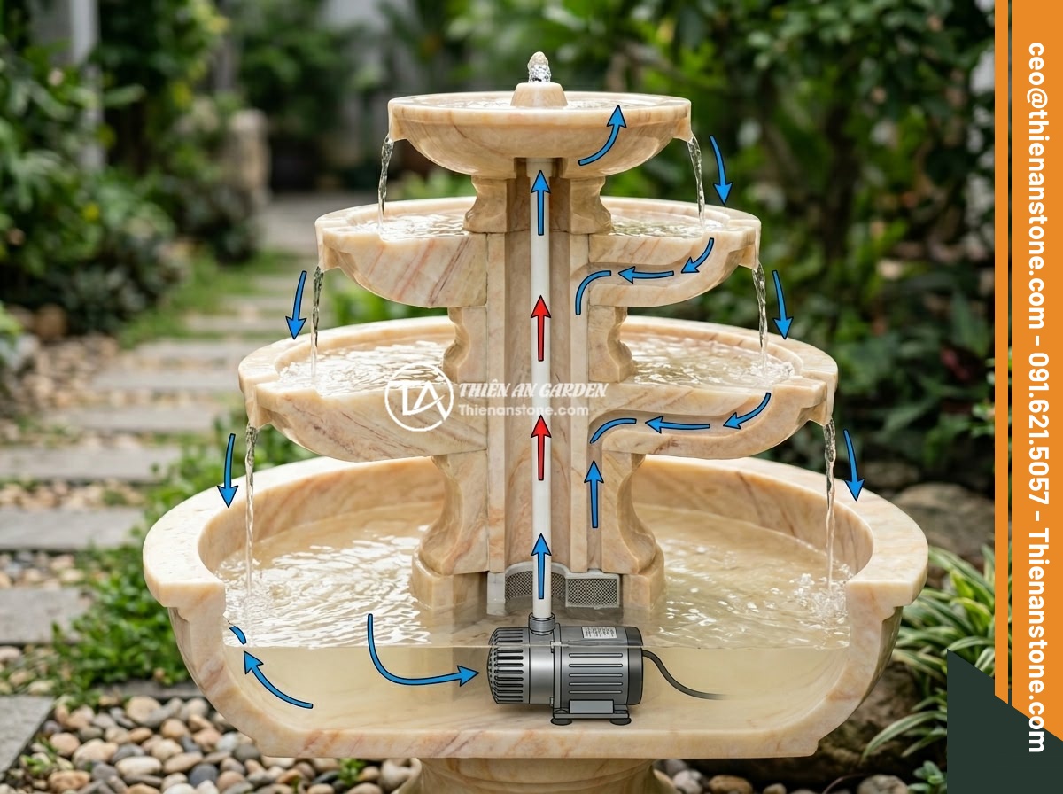 Chọn Công Suất Máy Bơm Đúng Cho Đài Phun Nước Bằng Đá Các Kích Thước Khác Nhau - A detailed cross-section illustration showing a natural stone fountain with wate