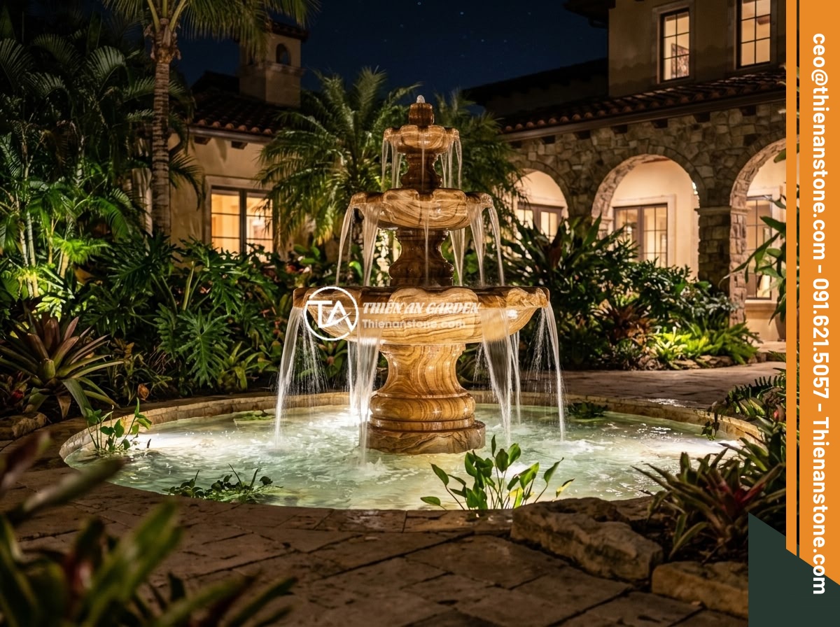 Chọn Công Suất Máy Bơm Đúng Cho Đài Phun Nước Bằng Đá Các Kích Thước Khác Nhau - A beautifully lit natural stone fountain at night in a luxury villa garden, with