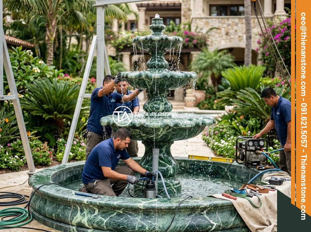 Chọn Công Suất Máy Bơm Đúng Cho Đài Phun Nước Bằng Đá Các Kích Thước Khác Nhau - A professional stone fountain installation team from a reputable company working