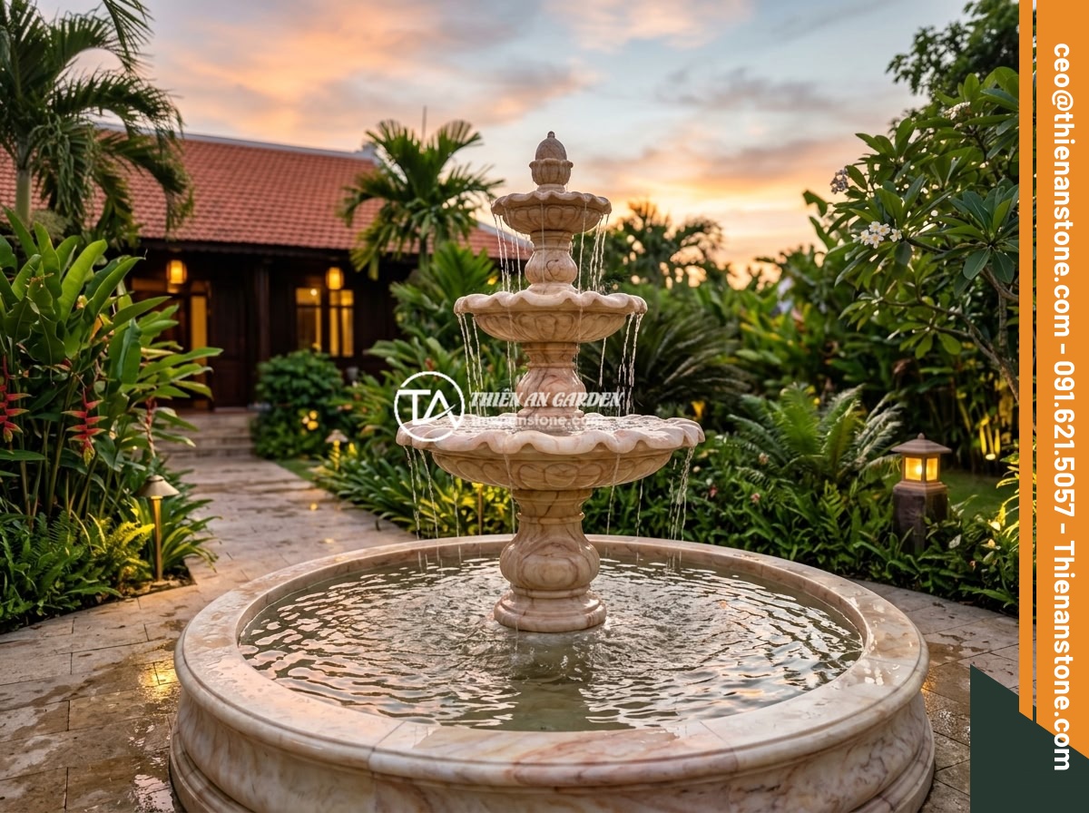 Chọn Công Suất Máy Bơm Đúng Cho Đài Phun Nước Bằng Đá Các Kích Thước Khác Nhau - A stunning completed natural stone fountain project in a luxury Vietnamese villa