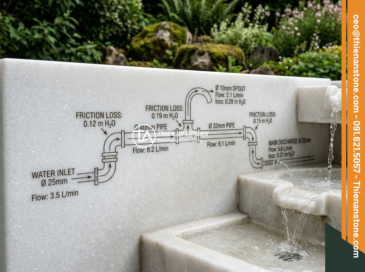 Chọn Công Suất Máy Bơm Đúng Cho Đài Phun Nước Bằng Đá Các Kích Thước Khác Nhau - A technical diagram showing different pipe diameters and water flow rates inside