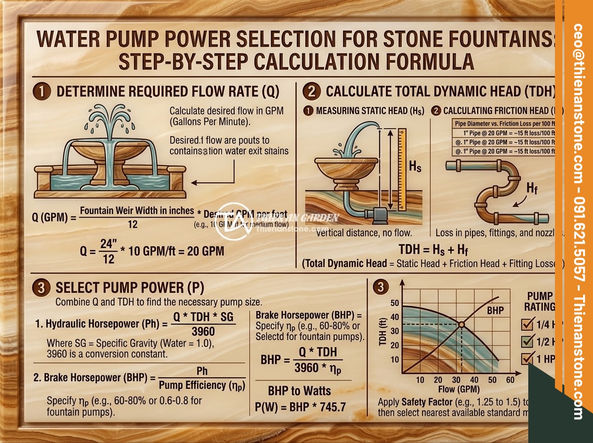 Chọn Công Suất Máy Bơm Đúng Cho Đài Phun Nước Bằng Đá Các Kích Thước Khác Nhau - An infographic showing the step-by-step calculation formula for water pump power