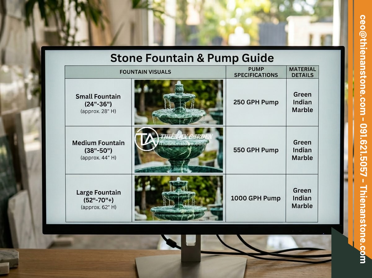 Chọn Công Suất Máy Bơm Đúng Cho Đài Phun Nước Bằng Đá Các Kích Thước Khác Nhau - A professional reference chart displayed on a screen showing pump power specific