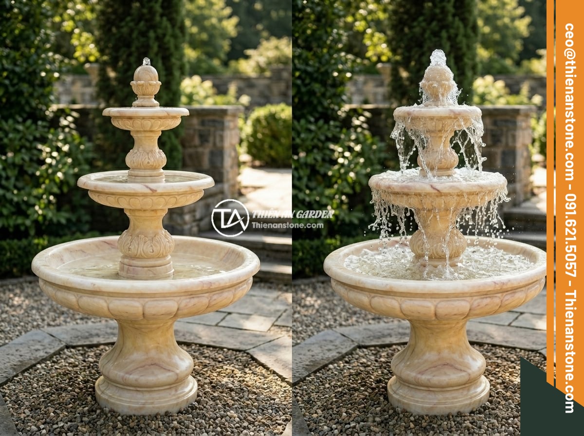 Chọn Công Suất Máy Bơm Đúng Cho Đài Phun Nước Bằng Đá Các Kích Thước Khác Nhau - A comparison photo showing two stone fountain installations side by side, one wi