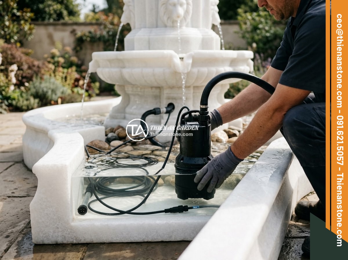 Chọn Công Suất Máy Bơm Đúng Cho Đài Phun Nước Bằng Đá Các Kích Thước Khác Nhau - A professional installation photo showing a submersible pump being properly posi