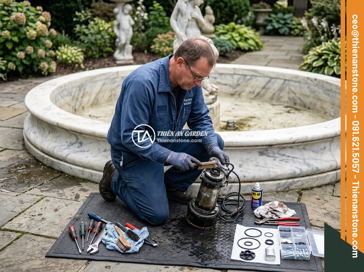 Chọn Công Suất Máy Bơm Đúng Cho Đài Phun Nước Bằng Đá Các Kích Thước Khác Nhau - A maintenance worker cleaning and inspecting a submersible pump removed from a n