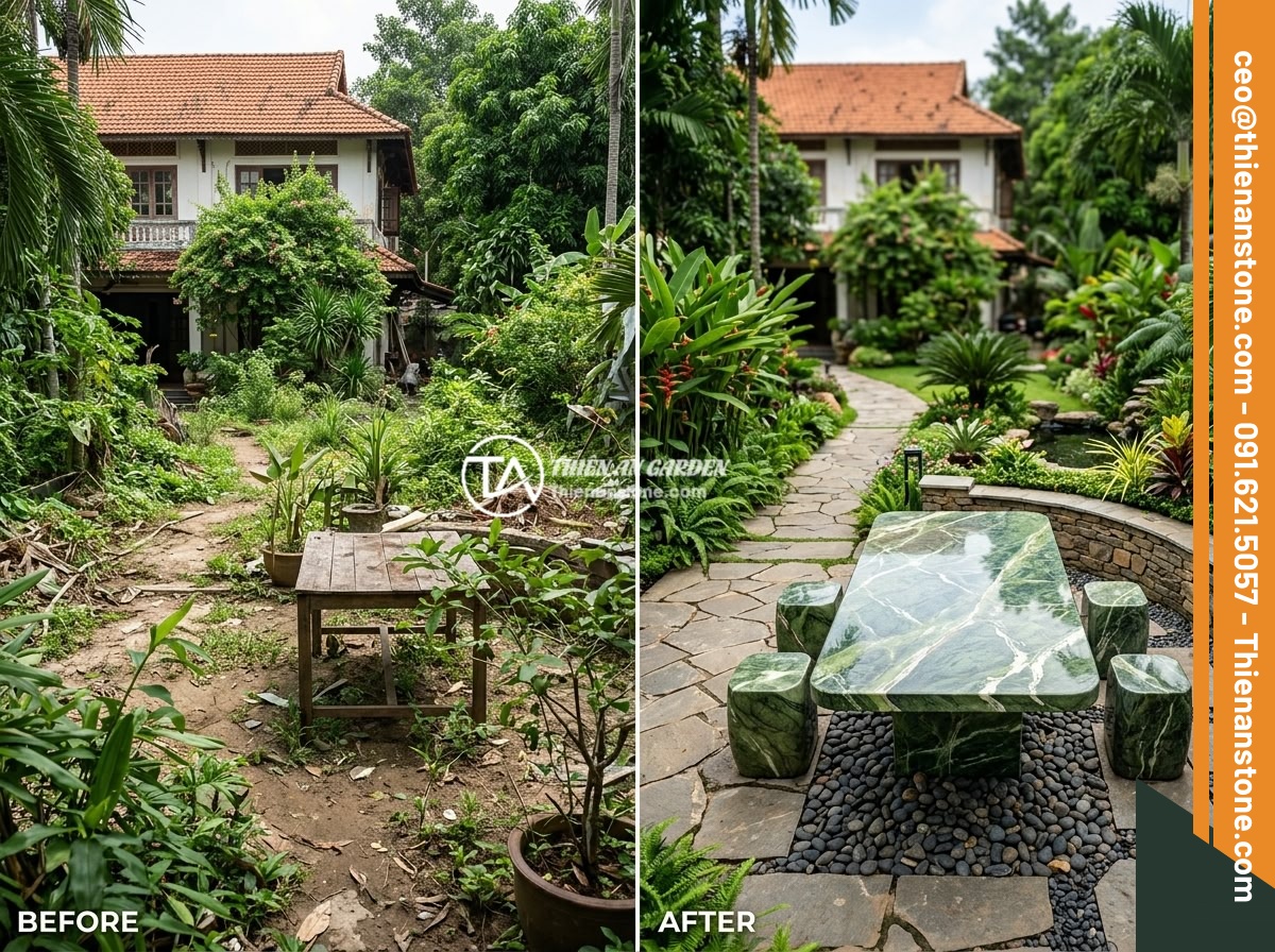 Chọn Kích Thước Sập Đá Phù Hợp Sân Vườn Biệt Thự: Hướng Dẫn Tối Ưu Diện Tích - Hình 11 Chọn Kích Thước Sập Đá Phù Hợp Sân Vườn Biệt Thự: Hướng Dẫn Tối Ưu Diện Tích - Before and after photos of a Vietnamese villa garden transformation with natural