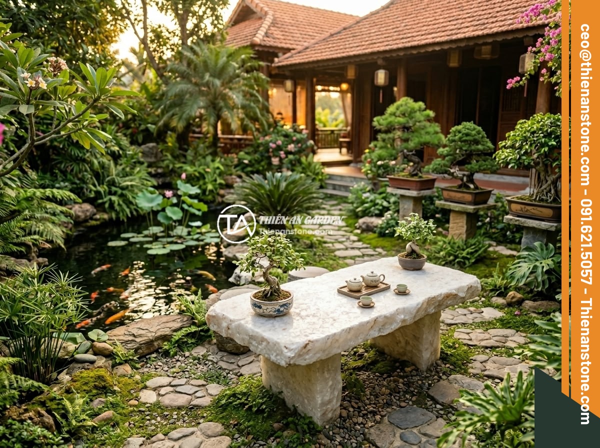 Chọn Kích Thước Sập Đá Phù Hợp Sân Vườn Biệt Thự: Hướng Dẫn Tối Ưu Diện Tích - Hình 13 Chọn Kích Thước Sập Đá Phù Hợp Sân Vườn Biệt Thự: Hướng Dẫn Tối Ưu Diện Tích - A beautiful completed Vietnamese villa garden with perfectly sized natural stone