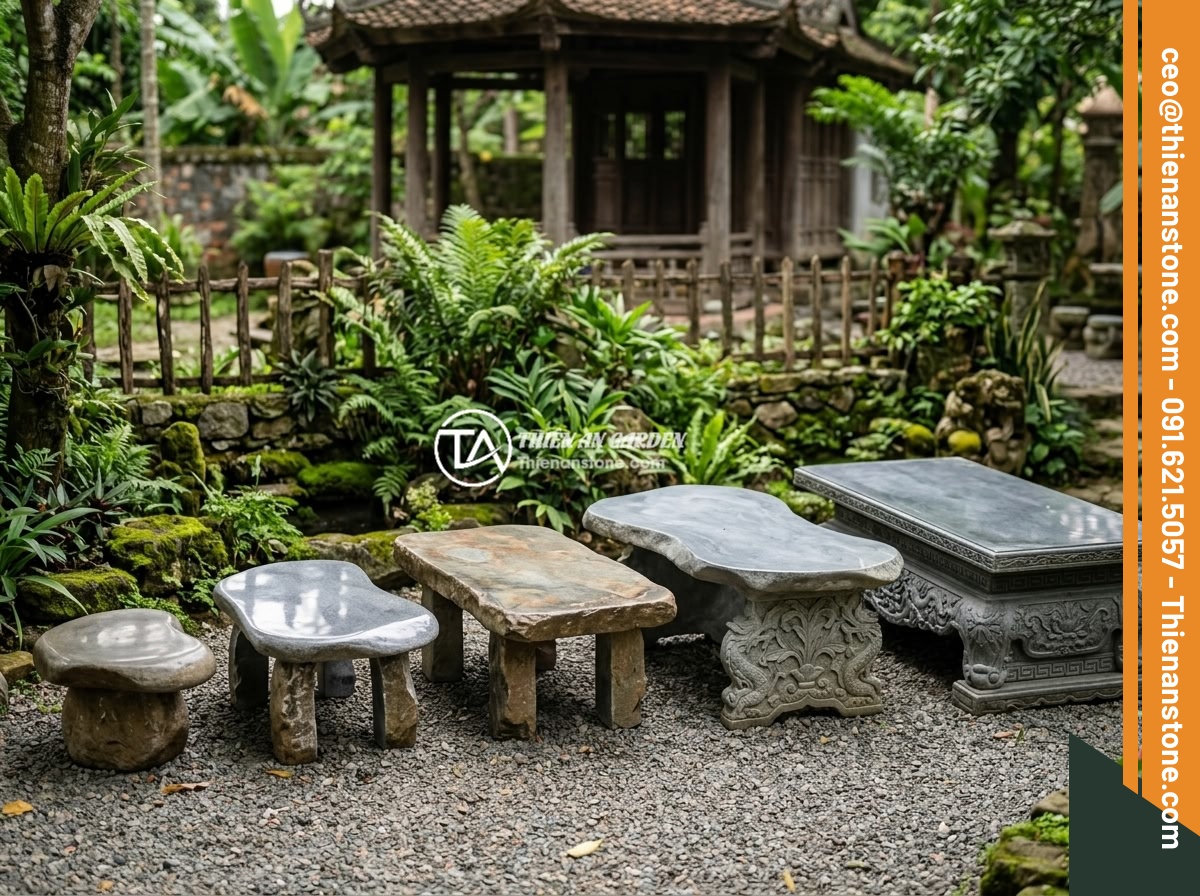 Chọn Kích Thước Sập Đá Phù Hợp Sân Vườn Biệt Thự: Hướng Dẫn Tối Ưu Diện Tích - Hình 2 Chọn Kích Thước Sập Đá Phù Hợp Sân Vườn Biệt Thự: Hướng Dẫn Tối Ưu Diện Tích - Various sizes of natural stone slab tables displayed side by side for comparison